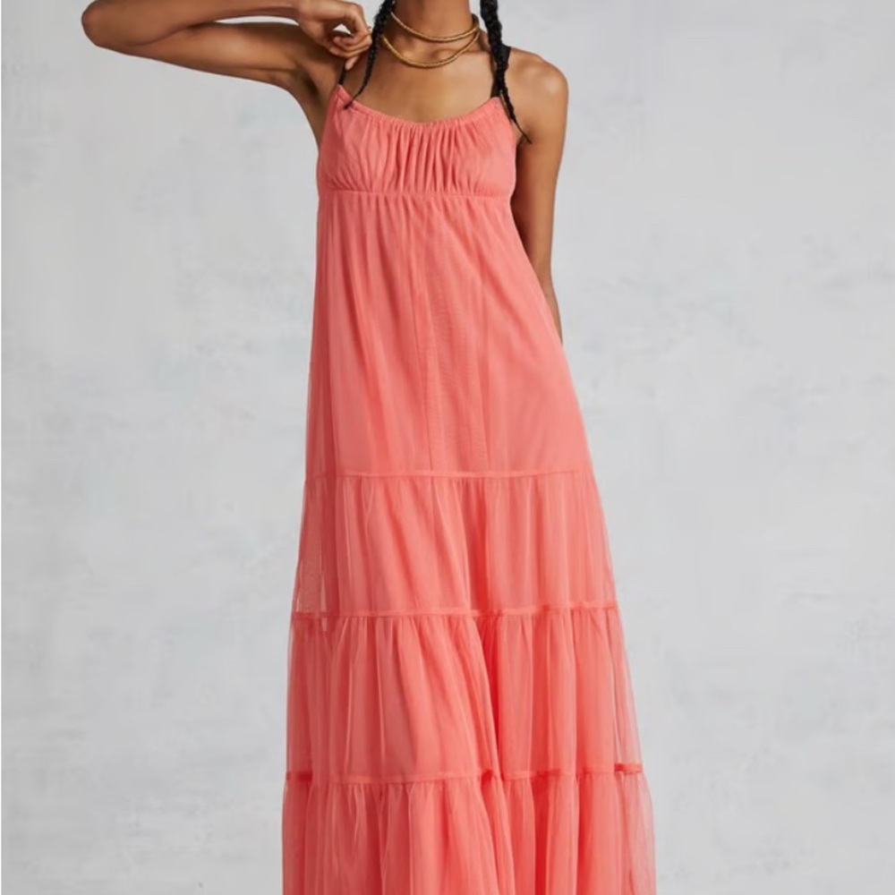 Maeve Anthropologie Tulle Midi Dress Coral
